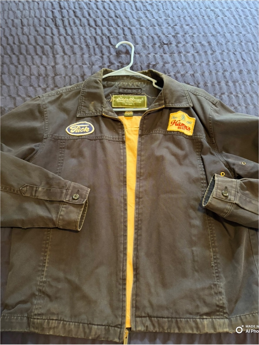 Vintage - Men's Navy and Tan WorkJacket with Patches for Hamm’s 🍺